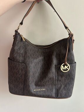 Michael Kors Dark Brown Monogram Shoulder Hobo Bag with Gold Hardware